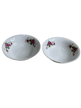 Vintage Floral Porcelain Serving Bowls Roses Gold Trim Set of 2 White Pink Green